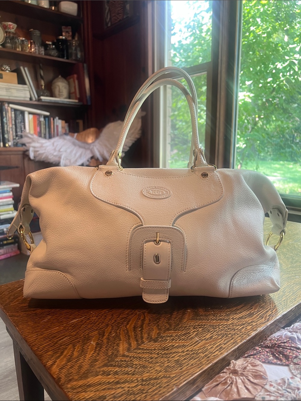Tod's Neutral  White Color Pebbled Leather Satchel with Gold Hardware